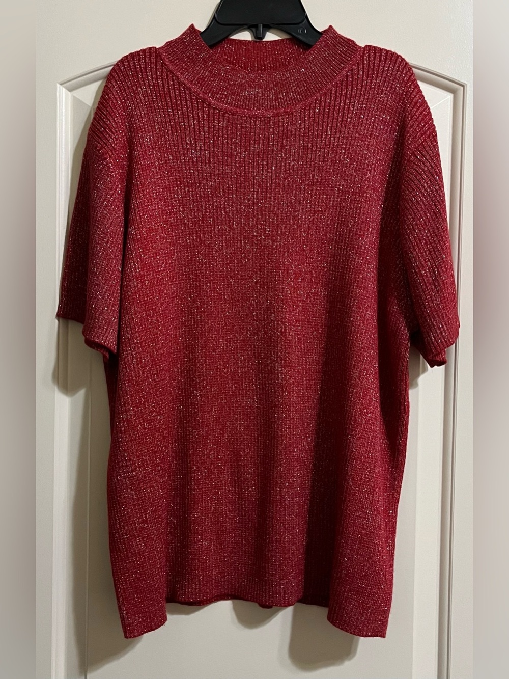 NWOT Susan Graver Red Metallic Short Sleeve Crew Mocked Neck Ribbed Sweater 1X